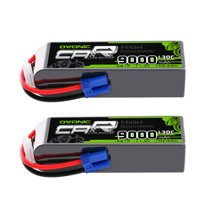 2x OVONIC 3S LiPo Battery 9000mAh 11.4V High Voltage 130C RC Battery with EC5 Plug Soft Case for For 1/8 & 1/10 RC Trucks & Racing - Ovonicshop