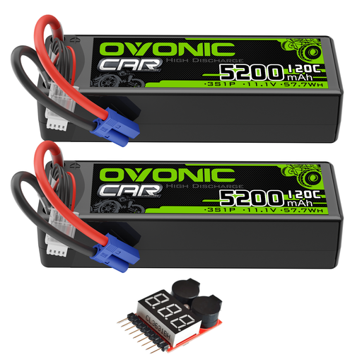2 x OVONIC 3S LiPo Battery 11.1V 5200mAh 120C with EC5 Plug & Lipo Voltage Checker for 1/8 & 1/10 scale RC Cars Trucks Crawlers Buggies Racing RC Hobby