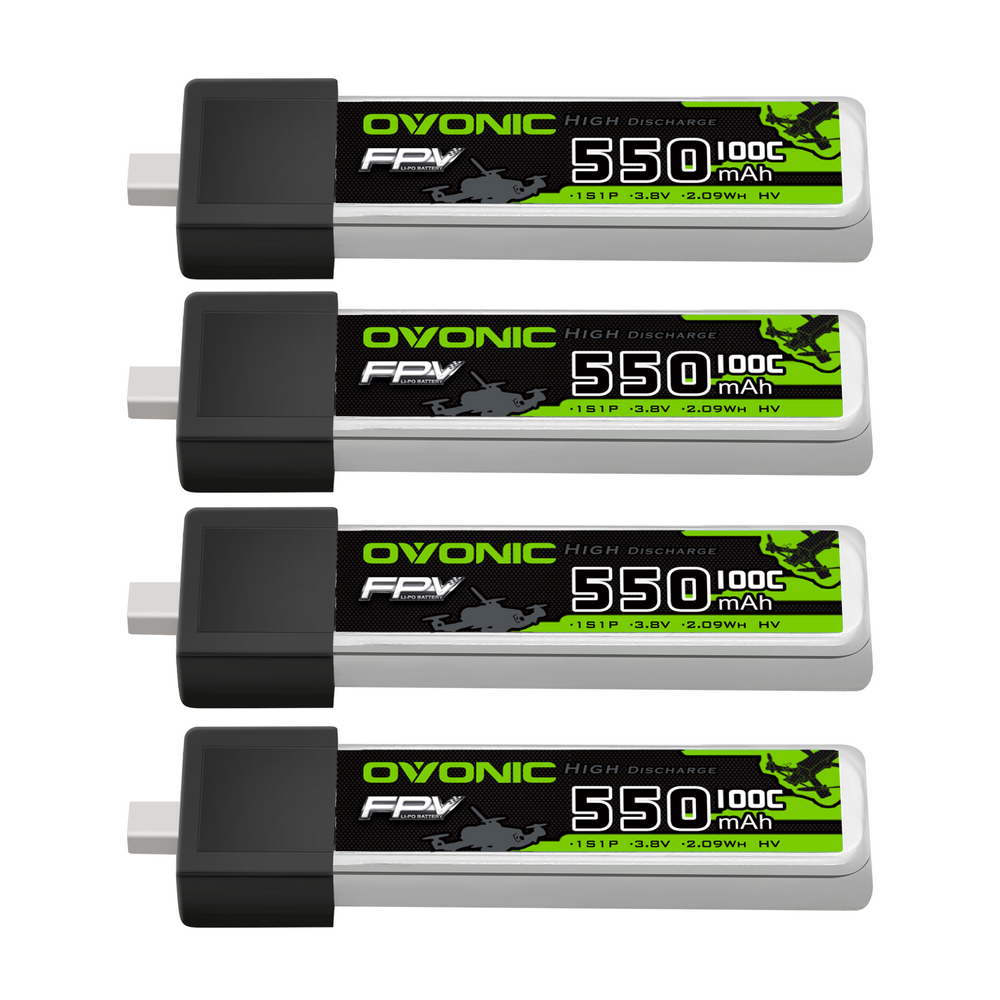 4×OVONIC 1S Lipo Battery 550mAh 1S1P 100C 3.8V LiHV LiPo Battery with BT2.0 Plug for 1S Tinywhoop 75mm FPV Drone