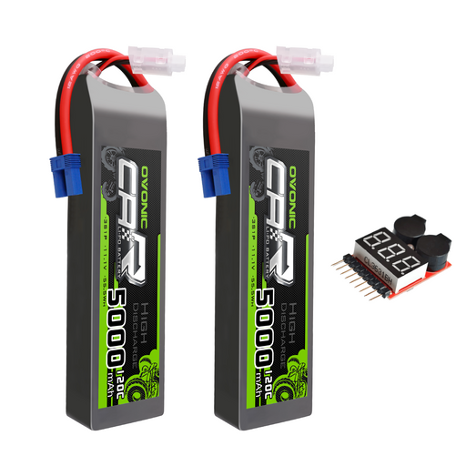 2 x OVONIC 11.1V 120C 5000mAh 3S Lipo Battery with EC5 Plug & Lipo Voltage Checker for 1/8 & 1/10 Scale RC Car Truck Boat RC Airplane Helicopter RC Vehicles