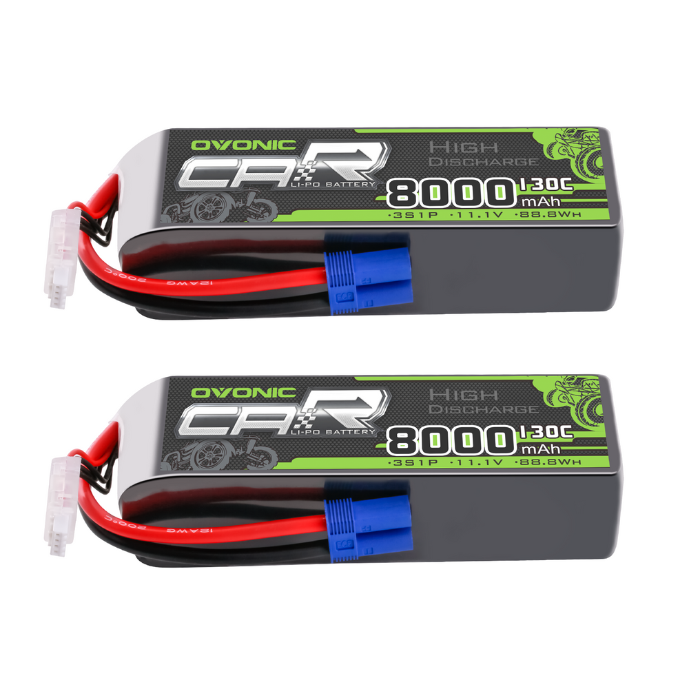 2x OVONIC 2S 8000mAh 7.4V 130C Lipo Battery with EC5 Connector for RC cars, Trucks, Boats, and Airplanes