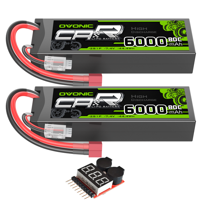 2X Ovonic 7.4V 80C 6000mAh 2S LiPo Battery T Plug with Battery Voltage Tester