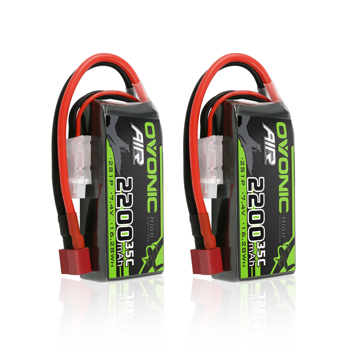 2x Ovonic 2S 2200mAh 35C 7.4V Short LiPo Battery for Aircraft Drone - T Plug for RC Airplanes & 1/14 Scale RC Cars