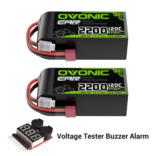 2X OVONIC 11.1V 120C 2200mah 3S Lipo Battery T Plug With 1-8S Lipo Voltage Tester