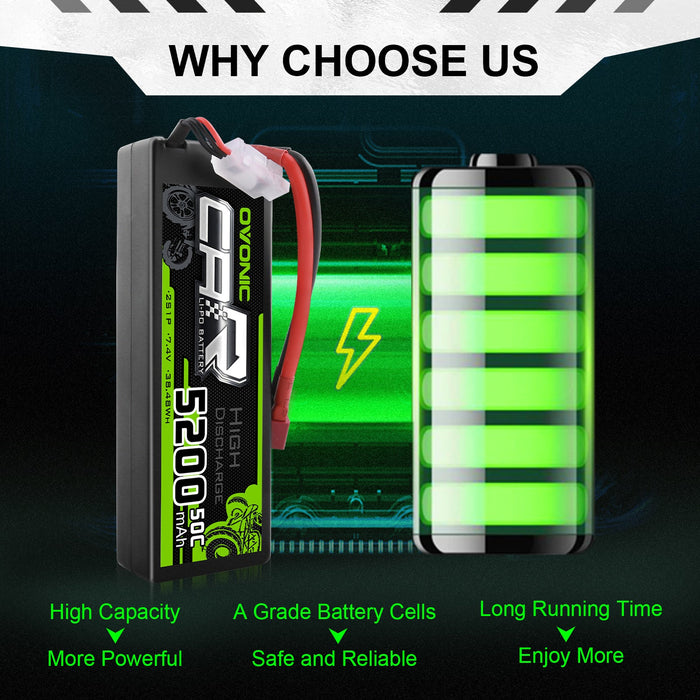 2X OVONIC 5200mAh 2S 7.4V 50C Hardcase Lipo Batteries Pack for 1:8 1:10 RC Car - T plug