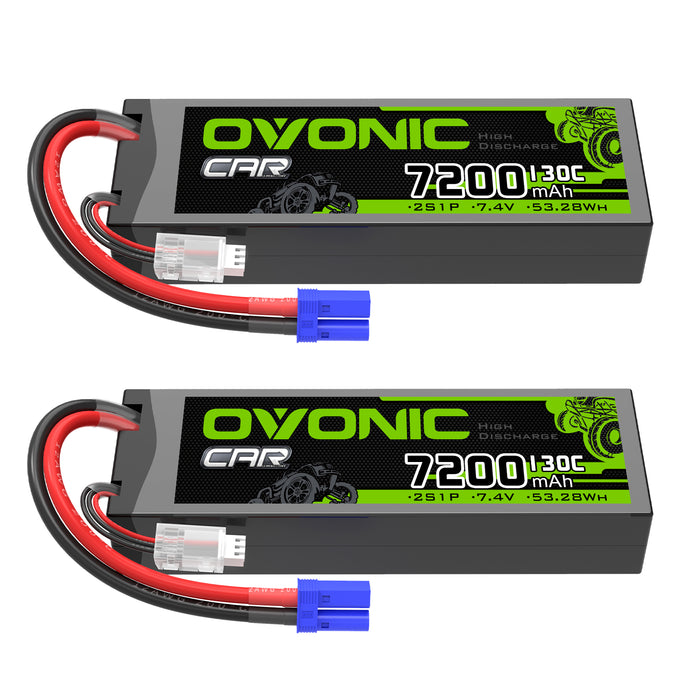 2x OVONIC 2S 7200mAh 130C Hardcase 7.4V Lipo Battery with EC5 Plug for 1/10 scale Vehicles Car RC Truck