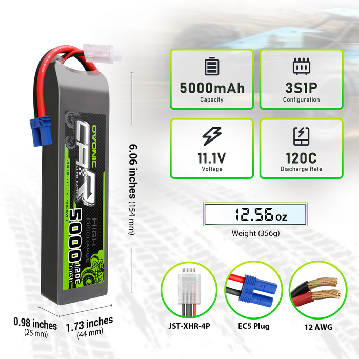 (Pre-Sale) 2x OVONIC 11.1V 120C 5000mAh 3S Lipo Battery with EC5 Plug & Lipo Voltage Checker for 1/8 & 1/10 Scale RC Car Truck Boat RC Airplane Helicopter RC Vehicles