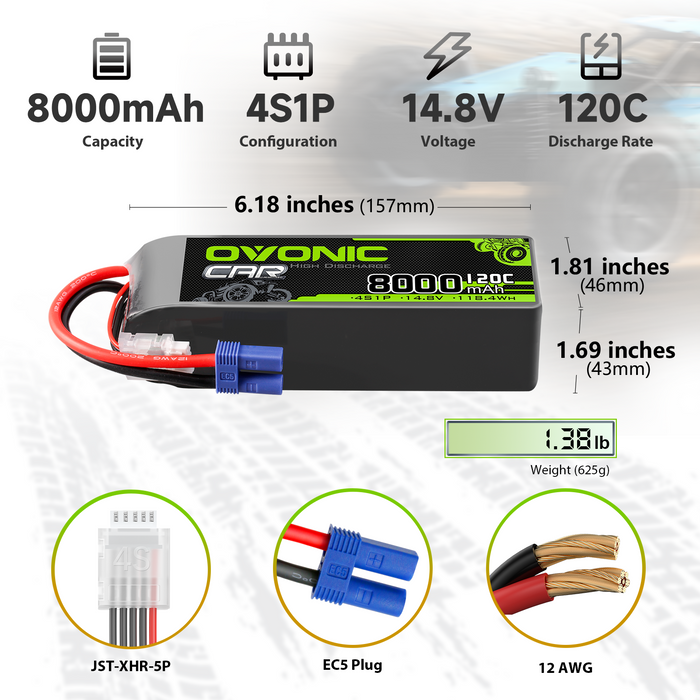 [2pcs] Ovonic 14.8V 120C 8000mAh 4S1P LiPo Battery EC5 For Arrma Outcast Truck Buggy - Ovonicshop