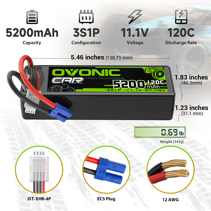 2x OVONIC 3S LiPo Battery 11.1V 5200mAh 120C with EC5 Plug & Lipo Voltage Checker for 1/8 & 1/10 scale RC Cars Trucks Crawlers Buggies Racing RC Hobby