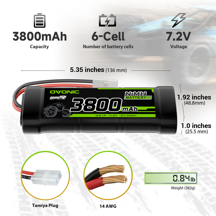 2 × OVONIC 7.2V 3800mAh NiMH Battery Pack 6-Cell with Tamiya Plug for 1/10 RC Cars & Trucks