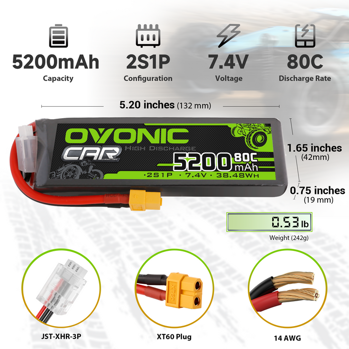 2× OVONIC 2S Lipo Battery 5200mAh 80C 7.4V RC Lipo Battery with XT60 Plug for 1/8 1/10 RC Vehicles Car Slash RC Buggy Truggy RC Airplane - Ovonicshop