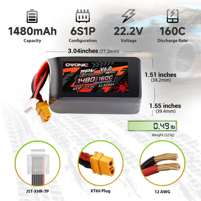 2x Ovonic 6S 1480mAh 160C 22.2V LiPo Battery with XT60 Plug
