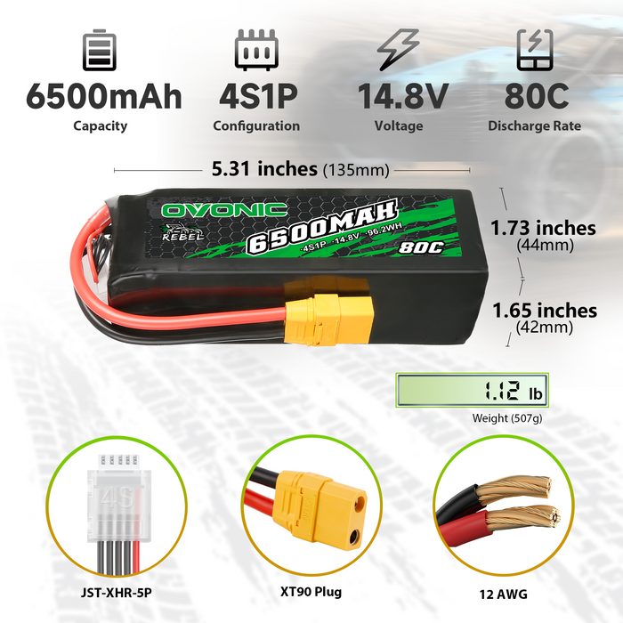 Ovonic Rebel 80C 6500mAh 4S 14.8V Lipo Battery for RC Car Truck ARRMA 4S 8S - XT90 Plug - Ovonicshop