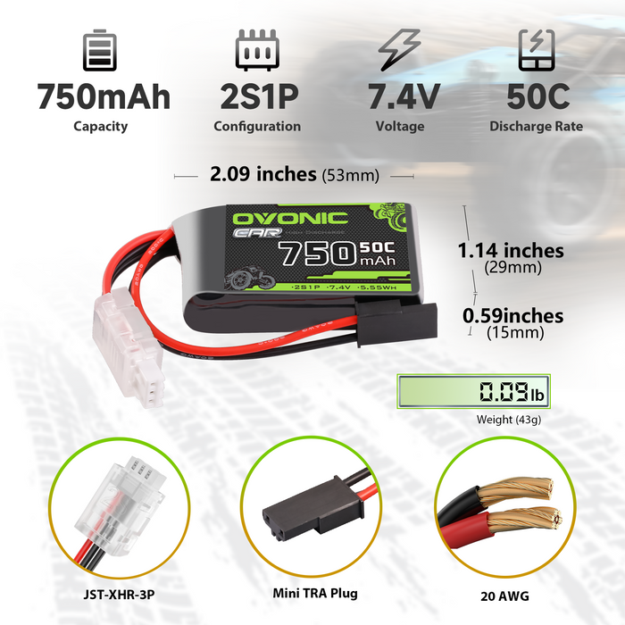 2×Ovonic 750mAh 2S1P 50C 7.4V RC CAR Lipo Battery With TRX Plug for 1/18 Monster Truck RC Car Trucks