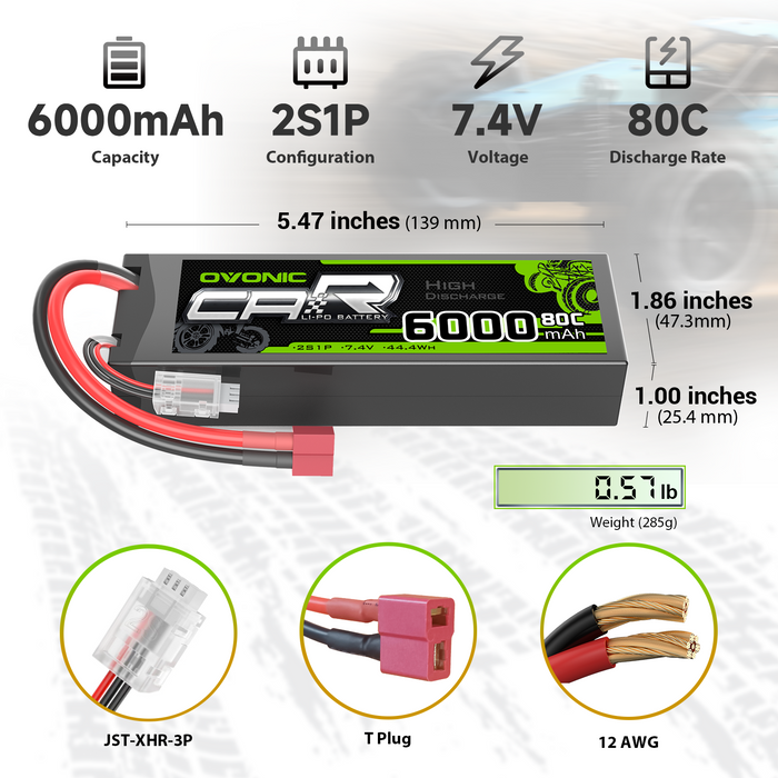 2X Ovonic 7.4V 80C 6000mAh 2S LiPo Battery T Plug with Battery Voltage Tester