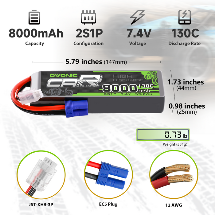 2x OVONIC 2S 8000mAh 7.4V 130C Lipo Battery with EC5 Connector for RC cars, Trucks, Boats, and Airplanes - Ovonicshop