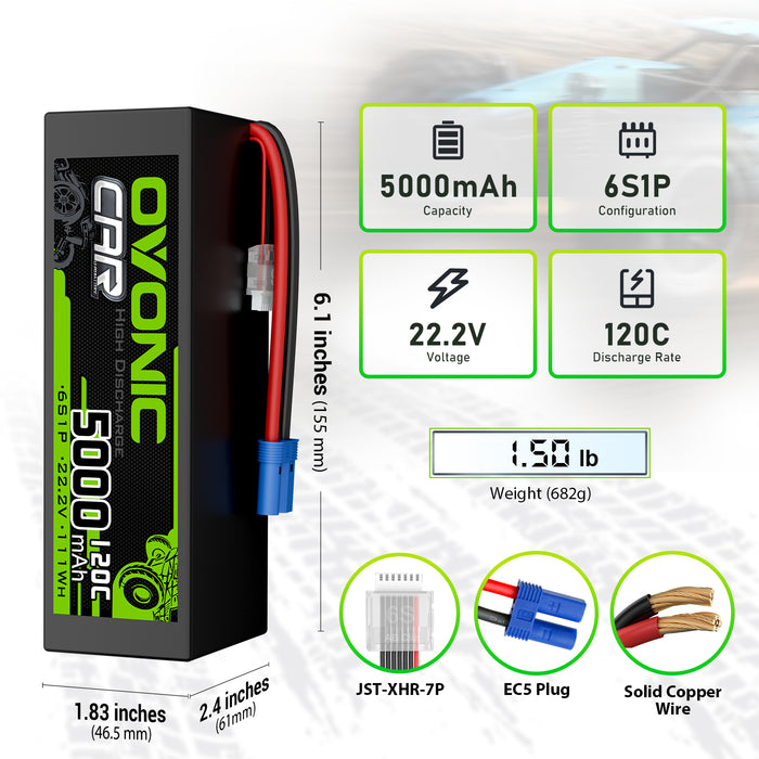 2x Ovonic 5000mah 6S 22.2V 120C Hardcase Lipo Battery Pack for Aircraft Car SENTON 6S - EC5 Plug - Ovonicshop