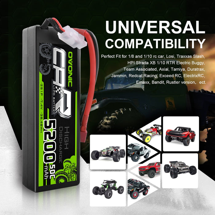 2X OVONIC 5200mAh 2S 7.4V 50C Hardcase Lipo Batteries Pack for 1:8 1:10 RC Car - T plug