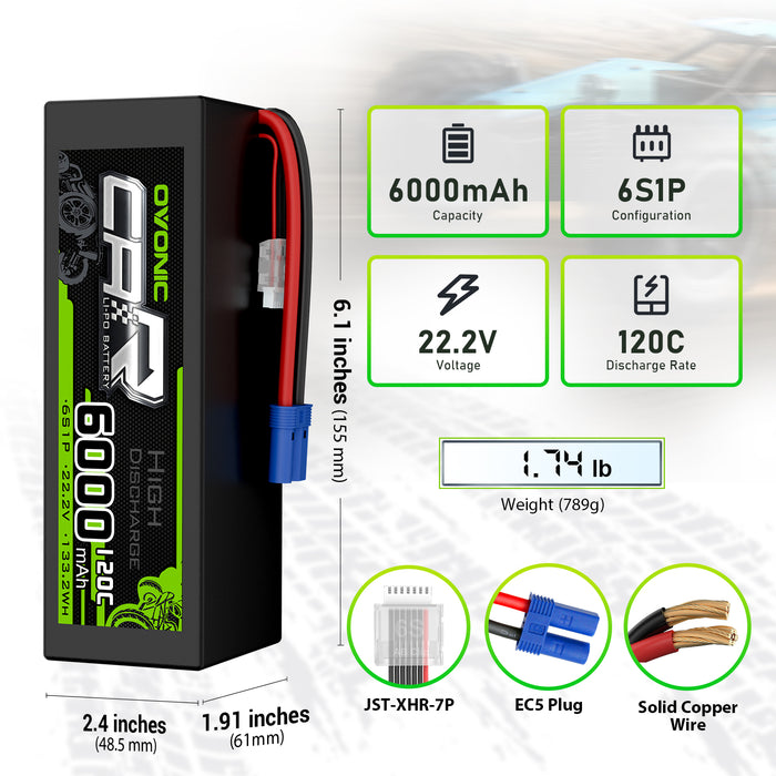2 x OVONIC 6S Battery 6000mAh 22.2V 120C Hardcase Lipo Battery with EC5 Connector for 1/8 Scale RC Car & Truck Boat RC Airplane RC Racing - Ovonicshop