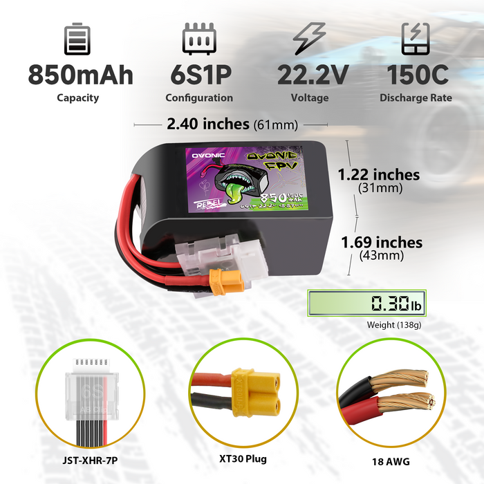 2x OVONIC 11.1V 150C 850mAh 6S LiPo Battery with XT30 Plug for 90-180mm Brushless FPV Drones Cinelog & Protek25