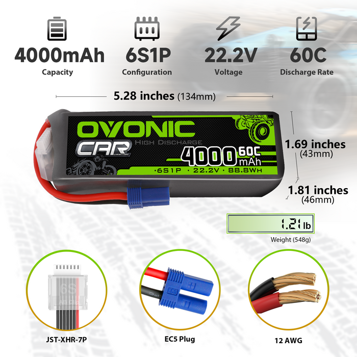 Ovonic 60C 6S 4000mAh 22.2V LiPo Battery with EC5 Plug for Arrma RC Car Aircraft