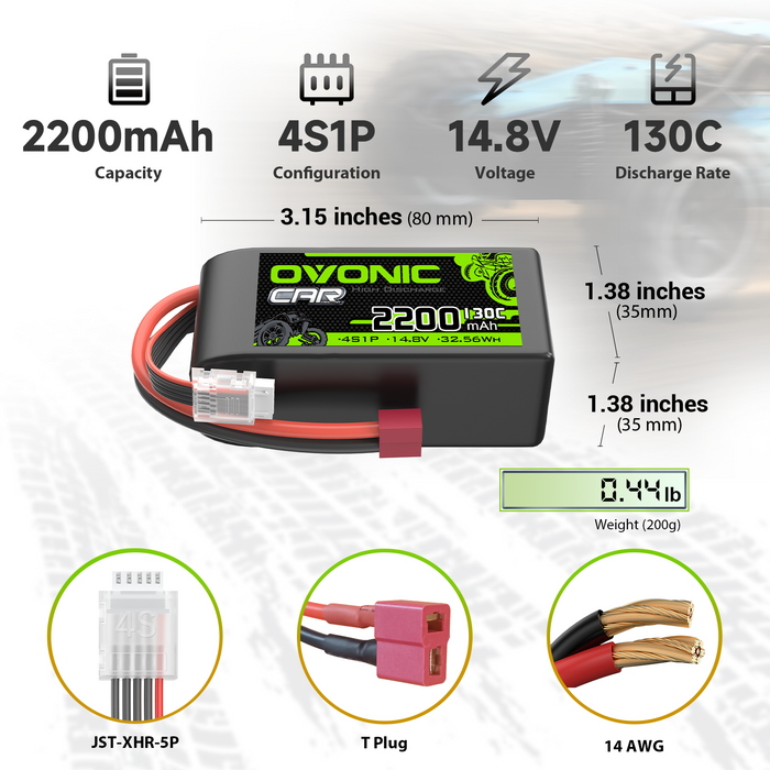 2x OVONIC 4S 2200mAh 14.8V 130C Shorty Lipo Battery with T Plug for 1/10 scale RC Car Truck Airplane