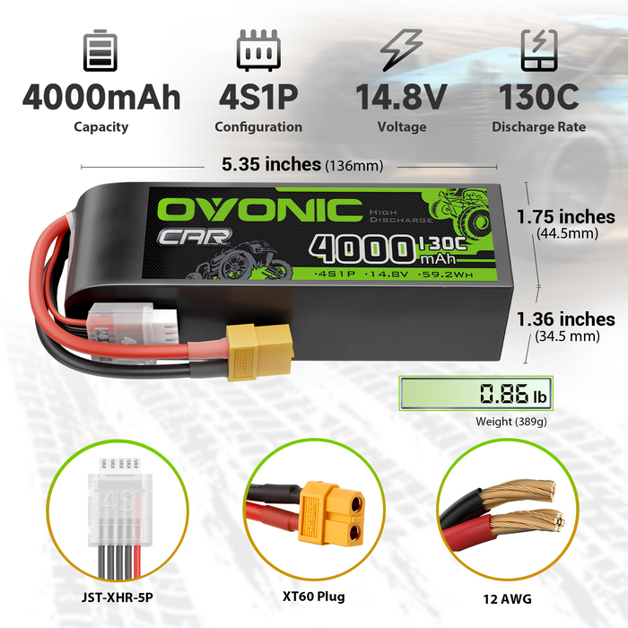 2x Ovonic 130C 4S 4000mAh 14.8V LiPo Battery with XT60 Plug for 1/8 & 1/10 scale RC Cars Trucks Crawlers Buggies