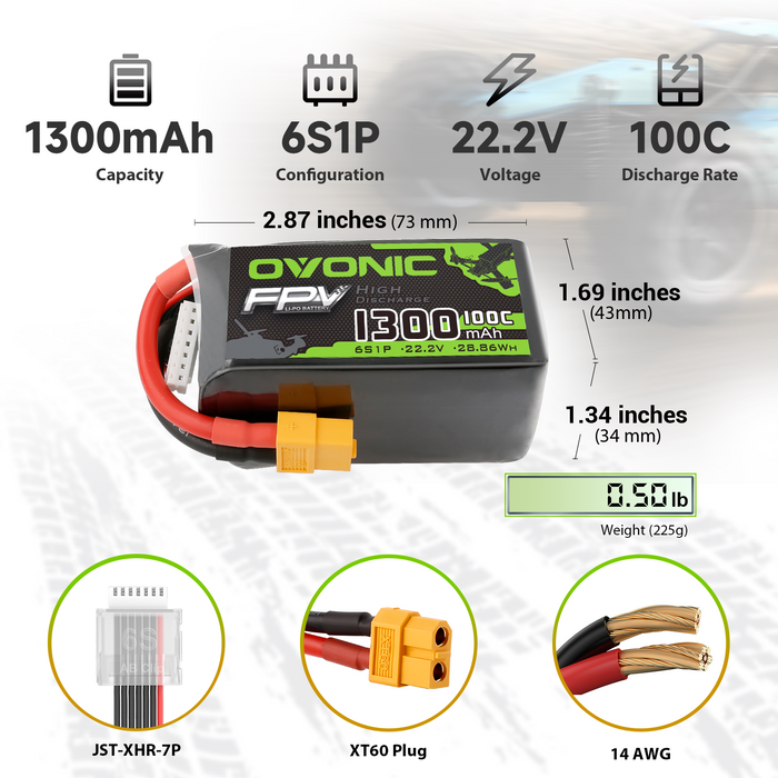 2x OVONIC 1300mAh 6S 22.2V 100C LiPo Battery for FPV Freestyle - XT60 - Ovonicshop