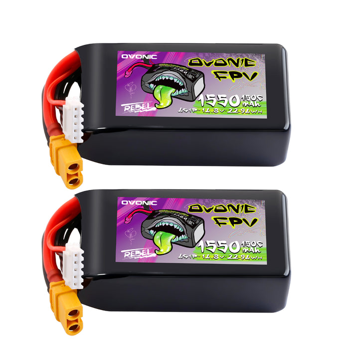 2x Ovonic Rebel 4S 1550mAh 150C LiPo Battery w/XT60 for 5" FPV Racing & Freestyle - Ovonicshop