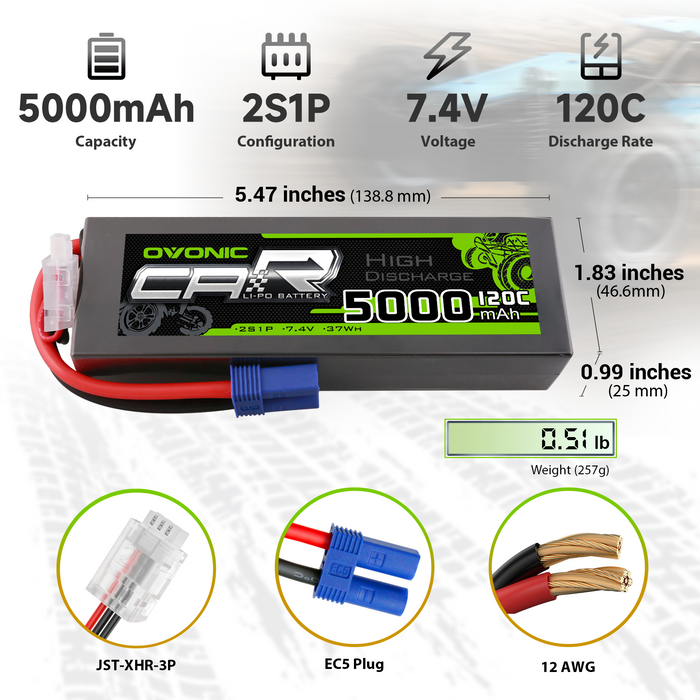 2x Ovonic 7.4V 120C 5000mAh 2S LiPo Battery with EC5 plug for 1/8 & 1/10 scale RC Vehicle
