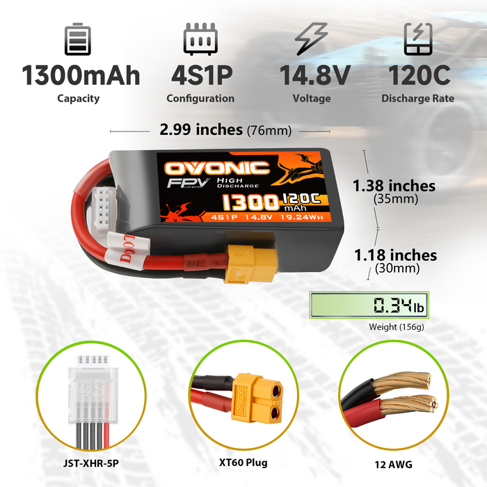 2x Ovonic 120C 14.8V 1300mAh 4S LiPo Battery Pack for FPV Racing - XT60 Plug - Ovonicshop