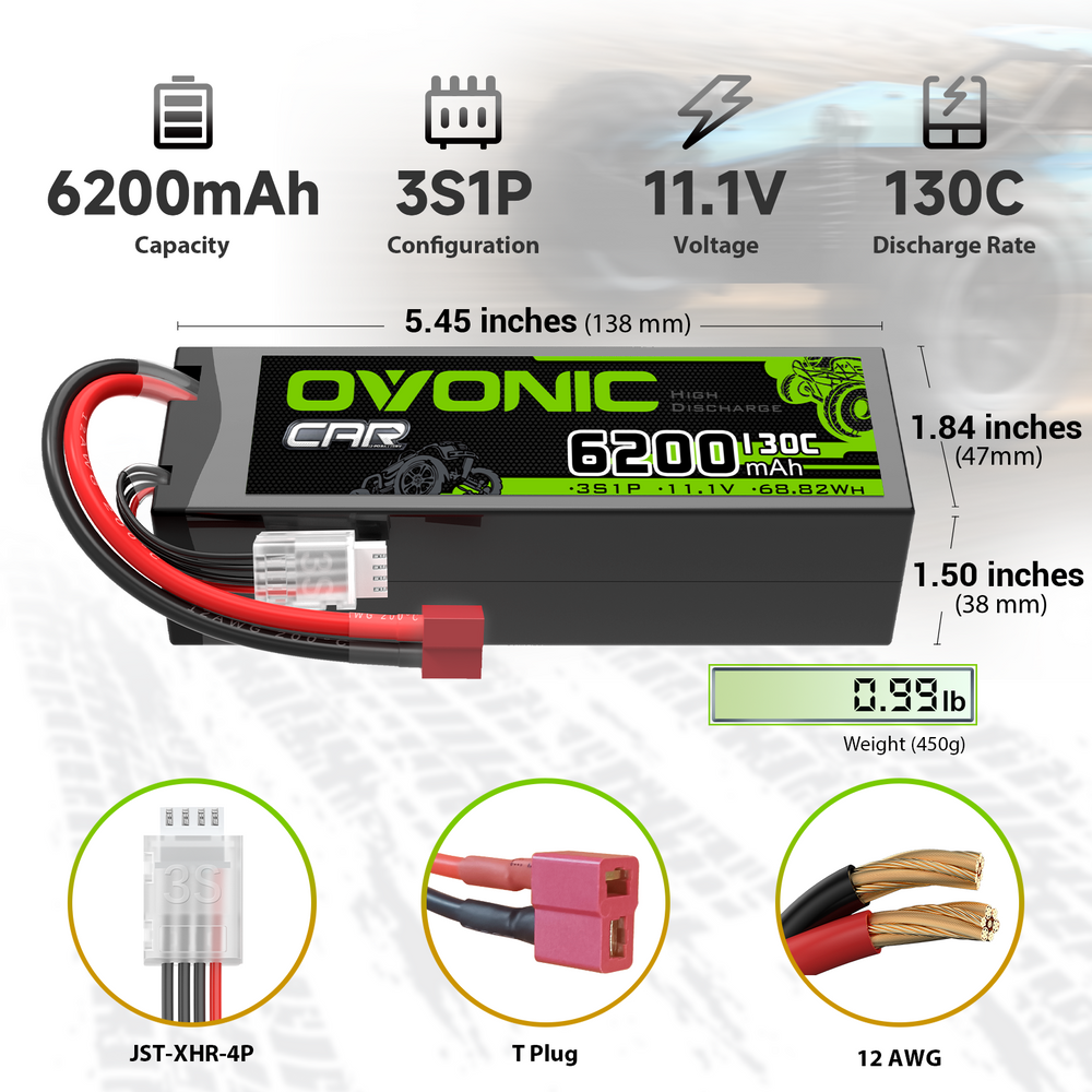 2x OVONIC 3S 6200mAh 11.1V 130C Hardcase LiPo Battery with Deans Plug for 1/8 & 1/10 Scale RC Car Truck RC Airplane