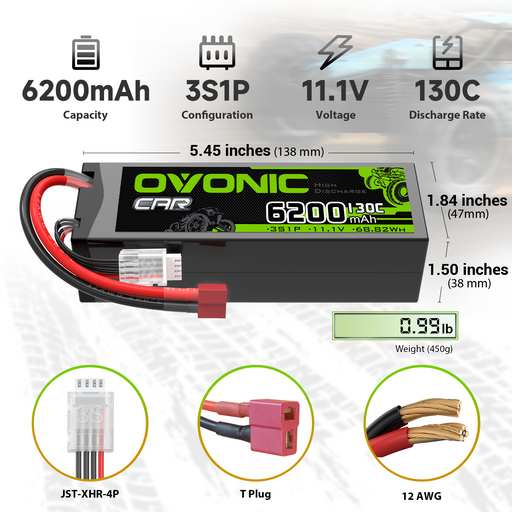 2x OVONIC 3S 6200mAh 11.1V 130C Hardcase LiPo Battery with Deans Plug for 1/8 & 1/10 Scale RC Car Truck RC Airplane