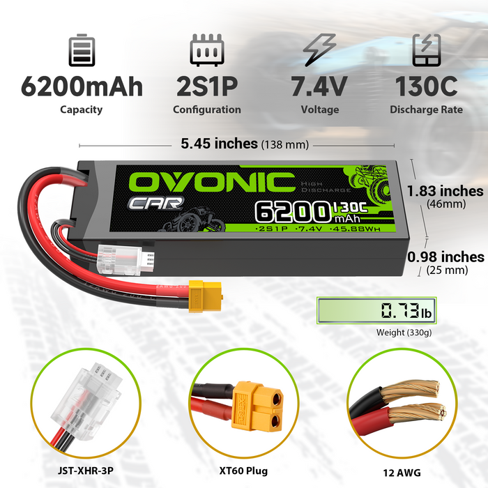 2x OVONIC 6200mAh 2S 7.4V 130C Hardcase LiPo Battery with XT60 to TRA Plug for 1/10 Scale RC Car Truck Buggy