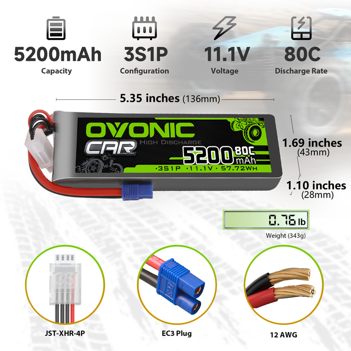 2x Ovonic 80C 3S1P 5200mAh 11.1V LiPo Battery for RC Car - EC3 Plug
