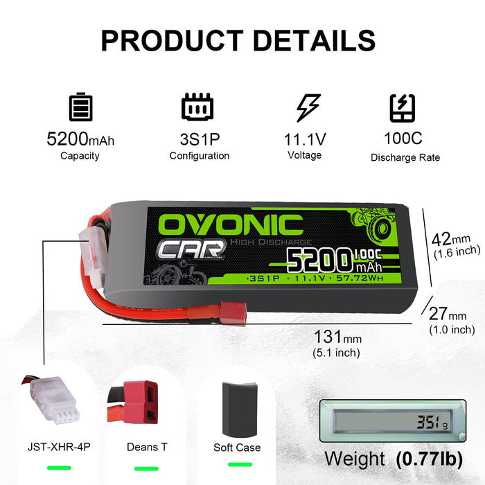 2x Ovonic 100C 3S1P 5200mAh 11.1V LiPo Battery for RC Car - T Plug