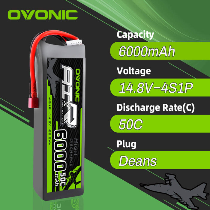 OVONIC 14.8V 50C 6000mAh 4S LiPo Battery Pack with T Plug for 1/8 Buggy &RC Airplane - Ovonicshop