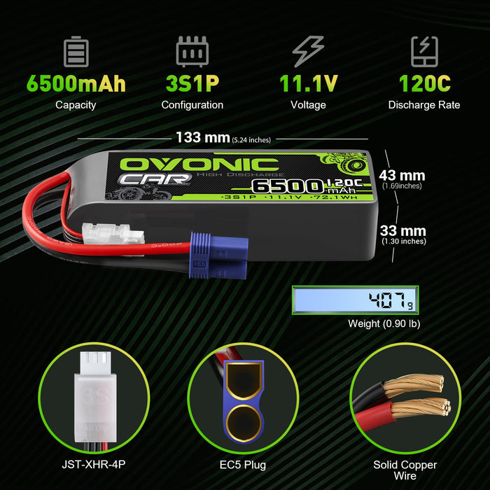 2X Ovonic 120C 3S 6500mAh 11.1V LiPo Battery For Arrma  -  EC5 Plug