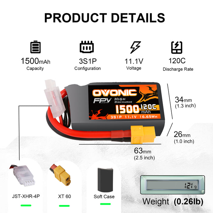 (Pre-Sale) 2x OVONIC 11.1V 120C 3S 1500mAh Lipo Battery XT60 for Drone FPV Quad Crawler
