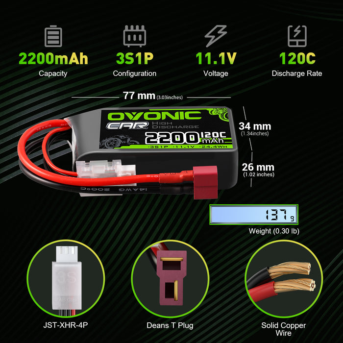 Ovonic 120C 3S 2200mAh 11.1V Shorty LiPo Battery for RC Plane CAR Boat - T Plug