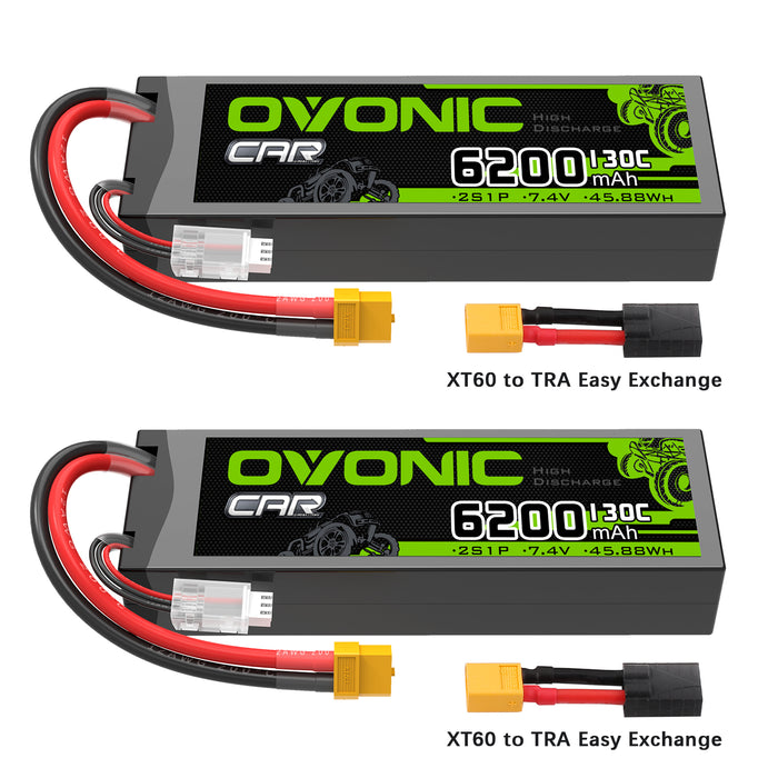 2x OVONIC 6200mAh 2S 7.4V 130C LiPo Battery with XT60 to TRA Plug for 1/10 Scale RC Car Truck Buggy