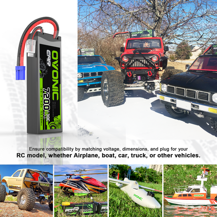 2x OVONIC 2S 7200mAh 130C Hardcase 7.4V Lipo Battery with EC5 Plug for 1/10 scale Vehicles Car RC Truck