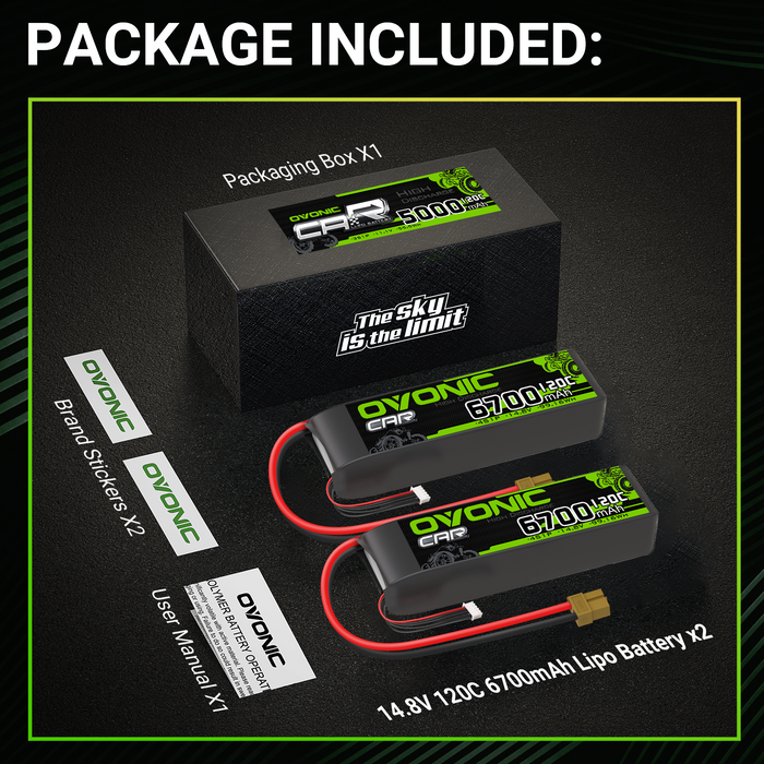 [2pcs] OVONIC 14.8V 120C 4S 6700mAh LiPo Battery with XT60-TRX Plug for Trx xmax RC Car boat
