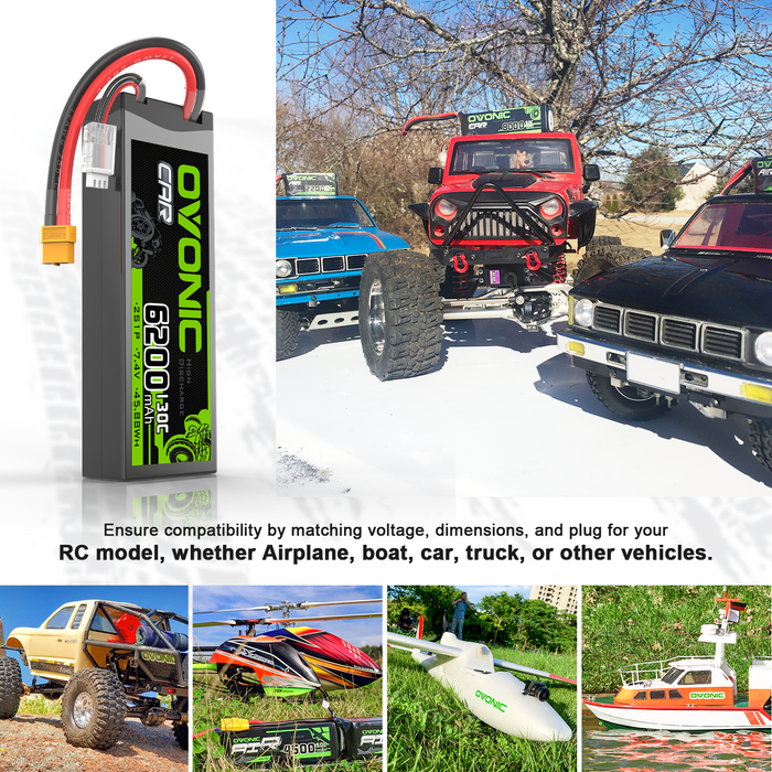 2x OVONIC 6200mAh 2S 7.4V 130C Hardcase LiPo Battery with XT60 to TRA Plug for 1/10 Scale RC Car Truck Buggy