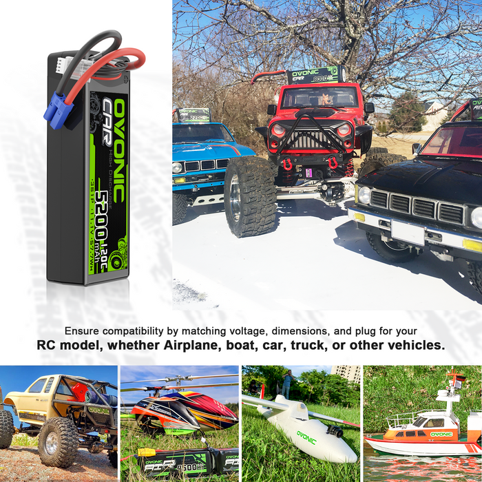 2x OVONIC 3S LiPo Battery 11.1V 5200mAh 120C with EC5 Plug & Lipo Voltage Checker for 1/8 & 1/10 scale RC Cars Trucks Crawlers Buggies Racing RC Hobby