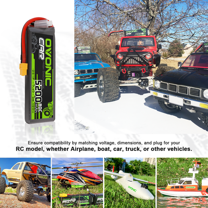 2× OVONIC 2S Lipo Battery 5200mAh 80C 7.4V RC Lipo Battery with XT60 Plug for 1/8 1/10 RC Vehicles Car Slash RC Buggy Truggy RC Airplane - Ovonicshop