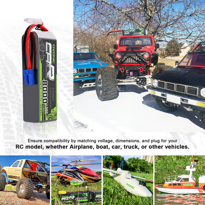 2x OVONIC 2S 8000mAh 7.4V 130C Lipo Battery with EC5 Connector for RC cars, Trucks, Boats, and Airplanes