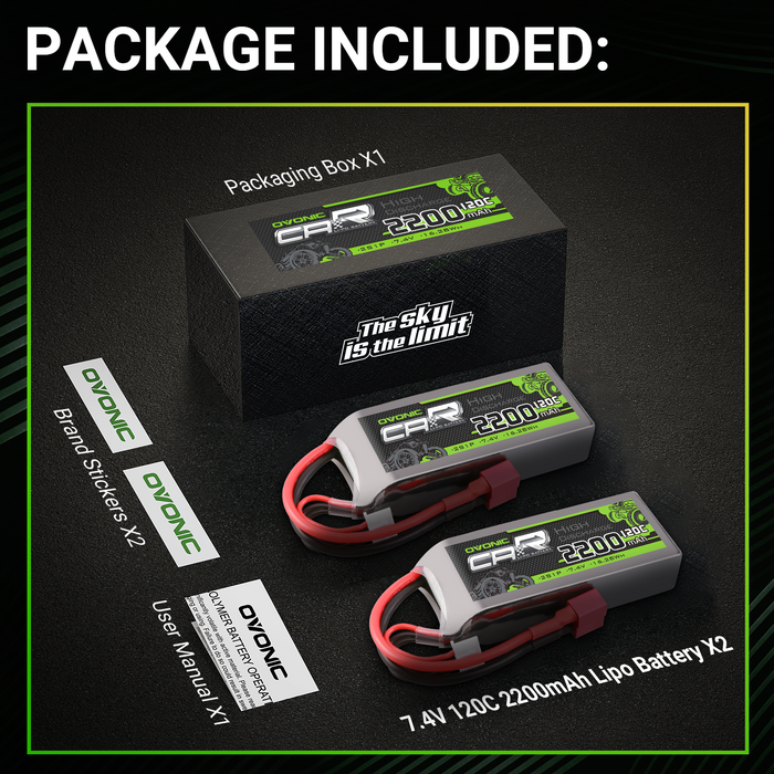 (Pre-Sale) 2x OVONIC 2200mAh 2S 7.4V 120C LiPo Batteries with T Plug for RC Airplane Car
