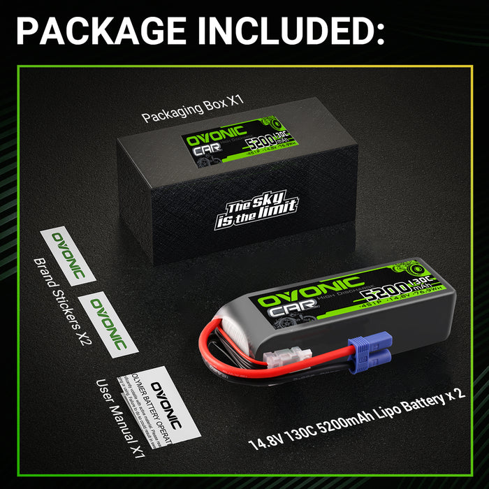 2× OVONIC 4S Lipo Battery 5200mAh 130C 14.8V RC Lipo Battery with EC5 Plug for RC 1/10 1/8 Vehicles Car RC Truck