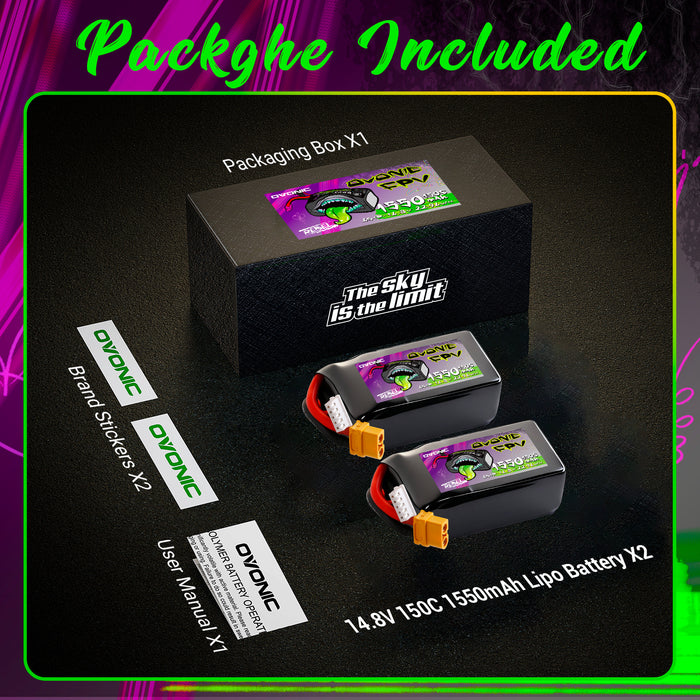 2x Ovonic Rebel 4S 1550mAh 150C LiPo Battery w/XT60 for 5" FPV Racing & Freestyle - Ovonicshop